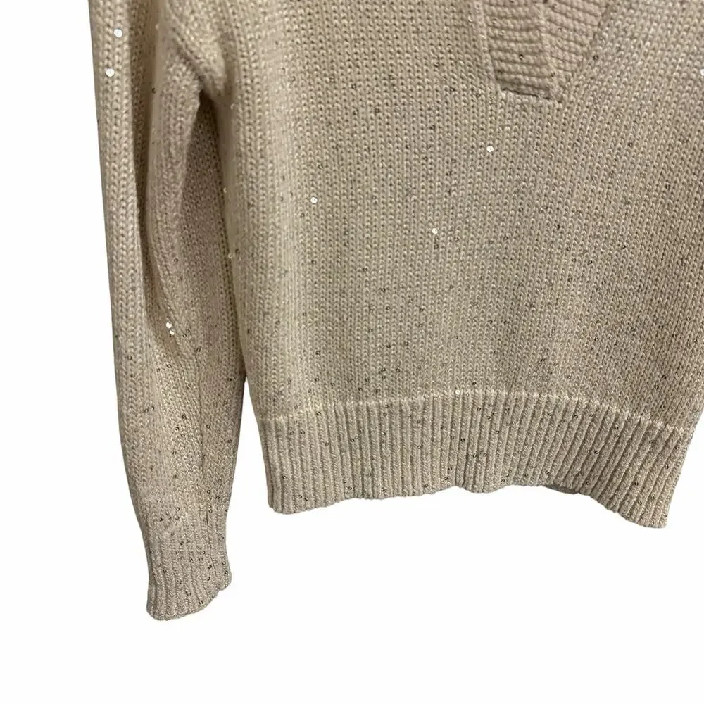 J. Crew Sequin Sweater Polo Cream Silver Sequins Long Sleeve Womens XS Neutral